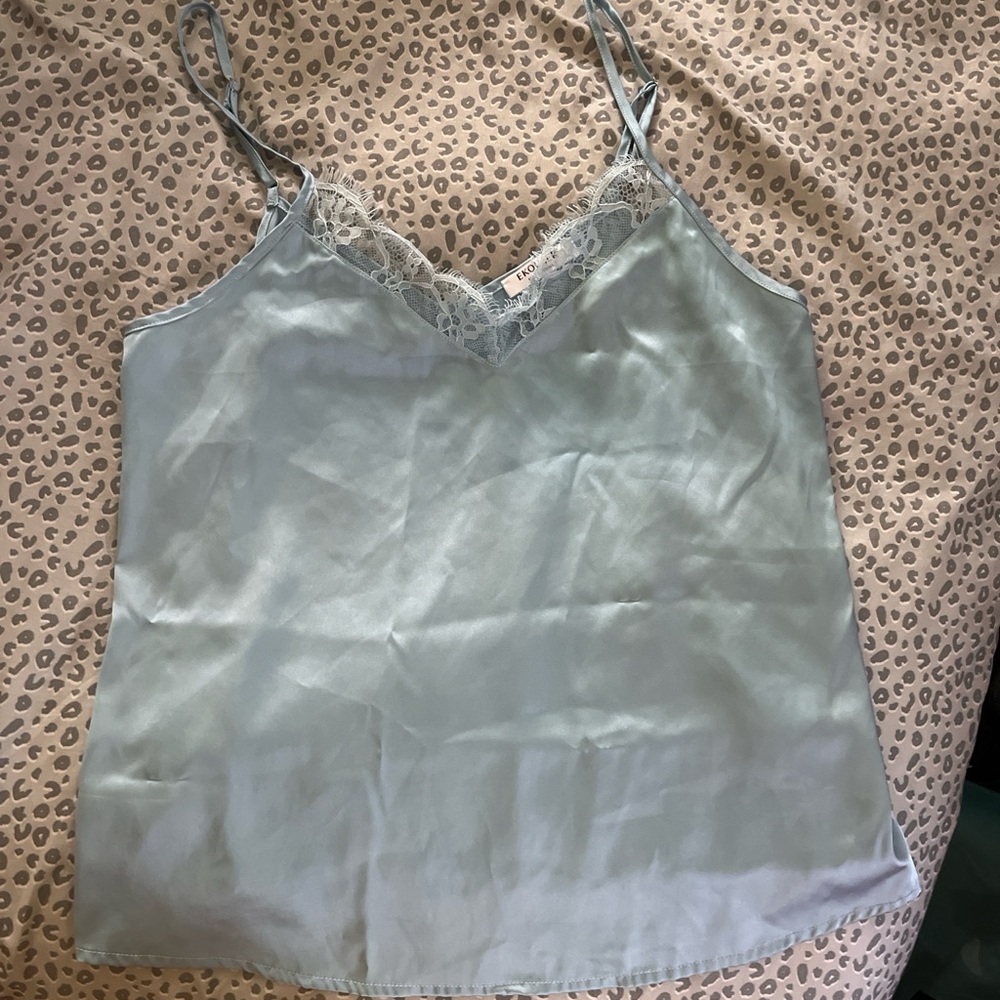 Silky Lace-Trim Cami Tank Top - Light blue